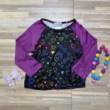 Load image into Gallery viewer, Purple and Black Shirt w/Neon Hearts (SWS2007)-Shirts &amp; Tops-Sparkledots-sparkledots
