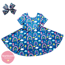 Load image into Gallery viewer, Pink &amp; Green Flowers &amp; Rainbows Twirly Dress (SWS4227)-Dresses-Sparkledots-sparkledots
