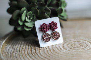 Double Earring Set - Burgundy Succulent