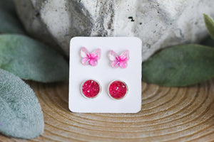Pink Butterfly Double Earring Set