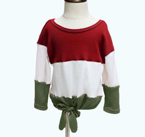 Waffle knit color block top red