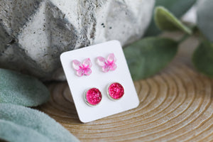 Pink Butterfly Double Earring Set