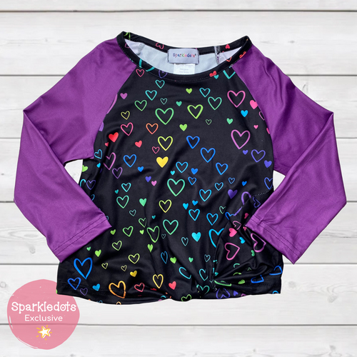 Purple and Black Shirt w/Neon Hearts (SWS2007)-Shirts & Tops-Sparkledots-sparkledots